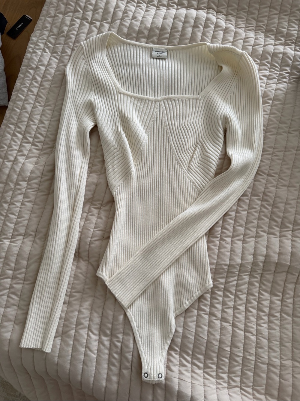 Abercrombie & Fitch Cream Ribbed Square Neck Long-Sleeve Bodysuit